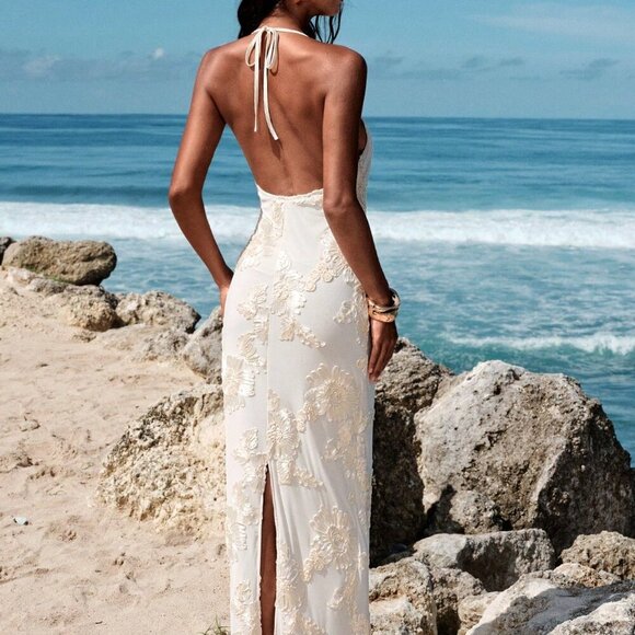 Apricot Elegant Women's Backless Floral Jacquard Halter Maxi Dress - Picture 2 of 7